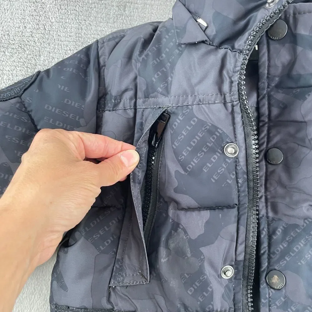 Diesel Jacket Boys 3T Black Camo Puffer‎ Zip Pockets Long Sleeve Button Up